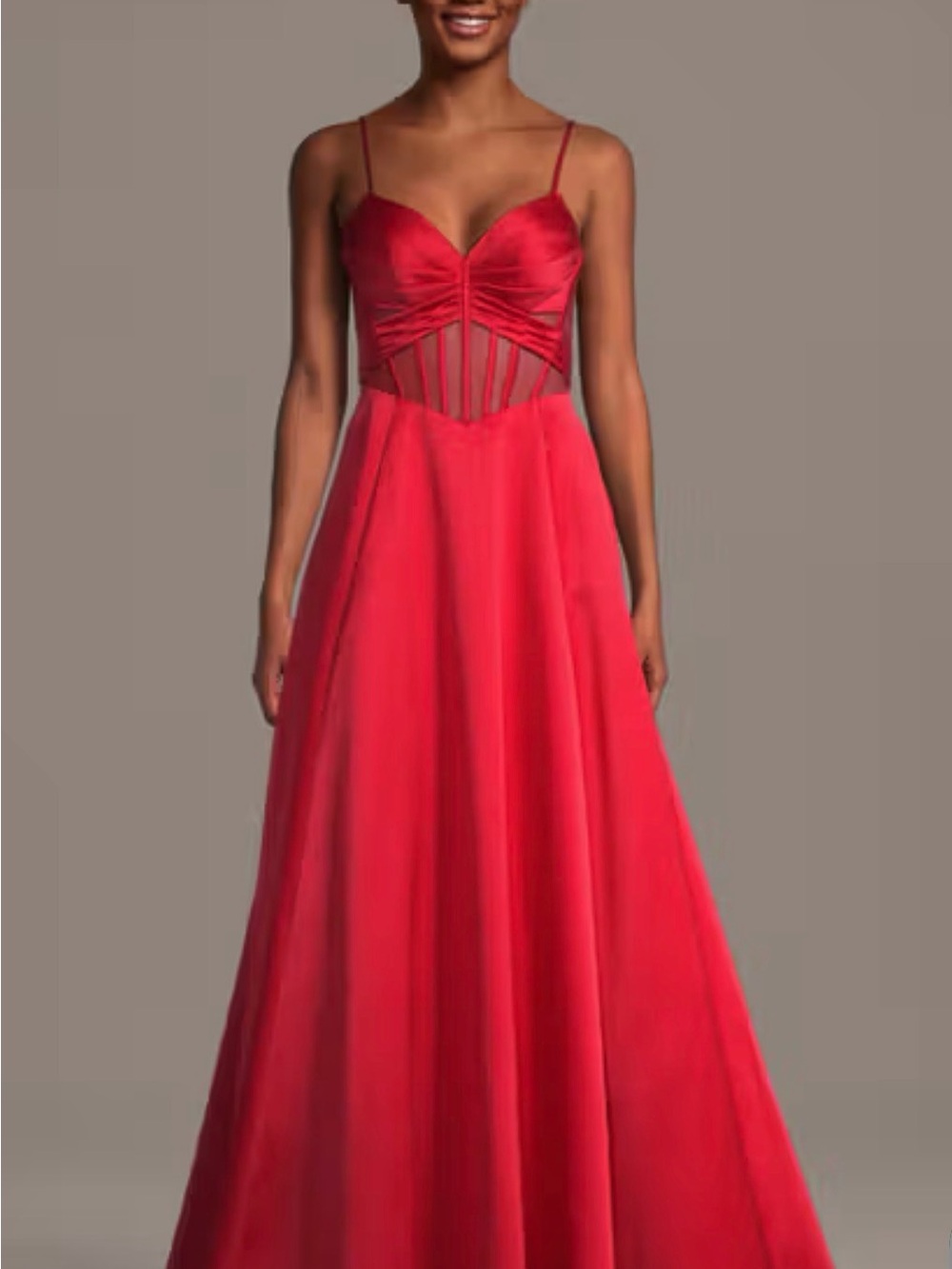 Scarlet Spaghetti-Strap Prom Dress with Sheer Waist